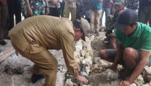 Bupati Kupang Provinsi Nusa Tenggara Timur Korinus Masneno melakukan peletakan batu pertama pembangunan minatur unggulan untuk Desa Sumlili. (Foto Prompim Kabupaten Kupang)