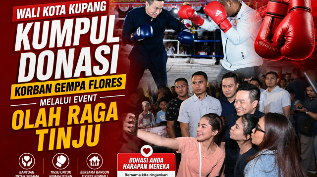 Wali Kota Kupang, dr. Christian Widodo, turun ke ring dalam laga ekshibisi melawan Ketua Panitia Kejuaraan Tinju Piala Wali Kota Kupang 2026, Karel Muskanan