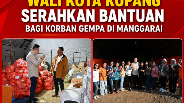 Wali Kota Kupang, dr. Christian Widodo saat bersama Bupati Manggarai Herry Nabit di lokasi penyimpanan bantuan logistic bagi korban bencana gempa bumi di Rutengm Kabupaten Manggarai.