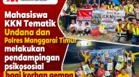 Mahasiswa KKN Tematik Bencana Alam Flores Universitas Nusa Cendana (Undana) berkolaborasi dengan Polres Manggarai Timur melakukan pendampingan psikososial (trauma healing) berbasis aktivitas bermain dan mewarnai bagi anak-anak di Posko KKN Polres Manggarai Timur, Kamis (27/8/2026).