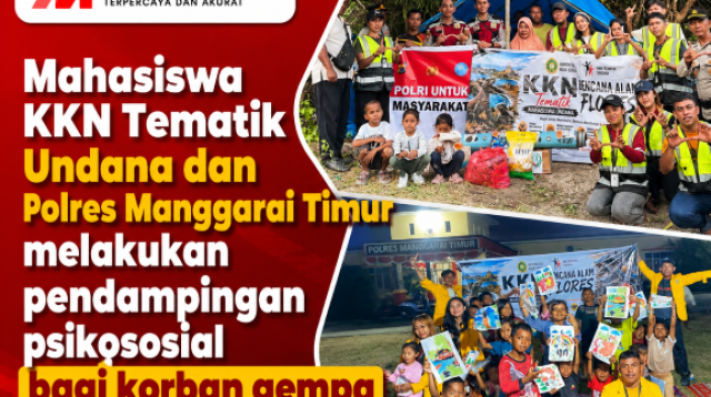 Mahasiswa KKN Tematik Bencana Alam Flores Universitas Nusa Cendana (Undana) berkolaborasi dengan Polres Manggarai Timur melakukan pendampingan psikososial (trauma healing) berbasis aktivitas bermain dan mewarnai bagi anak-anak di Posko KKN Polres Manggarai Timur, Kamis (27/8/2026).