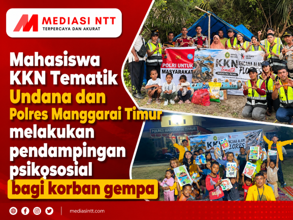 Mahasiswa KKN Tematik Bencana Alam Flores Universitas Nusa Cendana (Undana) berkolaborasi dengan Polres Manggarai Timur melakukan pendampingan psikososial (trauma healing) berbasis aktivitas bermain dan mewarnai bagi anak-anak di Posko KKN Polres Manggarai Timur, Kamis (27/8/2026).