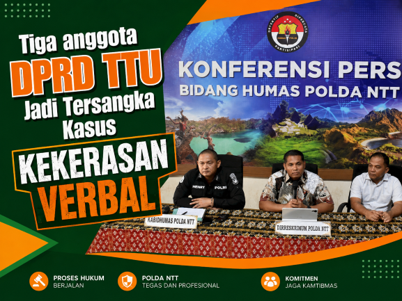Dirreskrimum Polda NTT Kombes Pol. Ricardo Condrat Yusuf, S.H., S.I.K., M.H. didampingi Kabidhumas Polda NTT Kombes Pol. Henry Novika Chandra, S.I.K., M.H. serta PS Kabagwassidik Kompol Edy di Mapolda NTT, Jumat (28/8/2026).